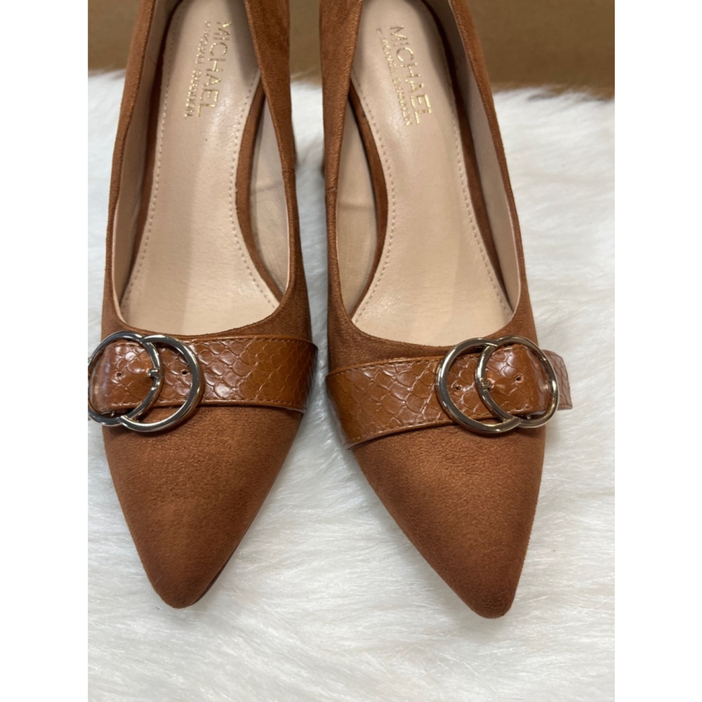 Michael Shannon "Izabella' Brown Block Heel Pointed Toe Gold Accented Buckle